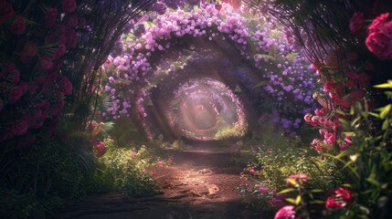 Fantasy mysterious tunnel with blooming flowers in the forest. Spring background.