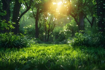 Obraz premium Tranquil Sunlit Forest with Lush Greenery - Stock Photo for Nature Design, Backgrounds, Posters