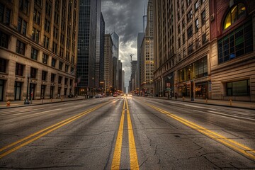 Obraz premium Chicago Cityscape: A View Down a Long Street