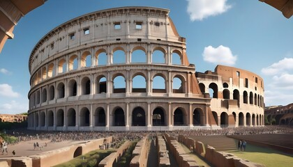 Naklejka premium ncient Roman structures like the Colosseum, with its towering arches and intricate stonework, under a clear sky.