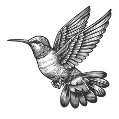 Obraz premium hummingbird in mid-flight, showcasing its intricate feather patterns and graceful movement sketch engraving generative ai raster illustration. Scratch board imitation. Black and white image.