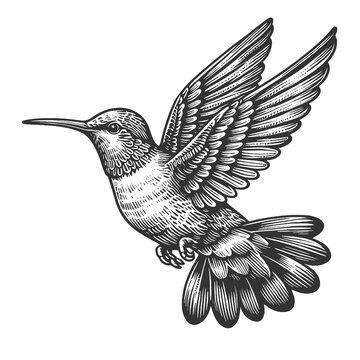 recommend clip art: hummingbird in mid-flight, showcasing its intricate feather patterns and graceful movement sketch engraving generative ai raster illustration. Scratch board imitation. Black and white image.