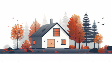 Charming house surrounded by autumn trees, illustrating a peaceful and picturesque fall season scene in a rural area.