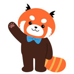 Obraz premium cute red panda standing and wearing blue bow doing hand waving hand illustration 