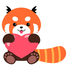 cute red panda sitting and hugging pink heart illustration 