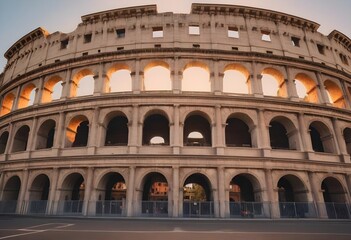 Fototapeta premium ncient Roman structures like the Colosseum, with its towering arches and intricate stonework, under a clear sky.