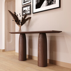 Brown wood sideboard in the hall with paintings on the wall. 3d illustration. 