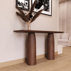 Brown wood sideboard in the hall with paintings on the wall. 3d illustration. 