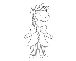 Outline cute circus giraffe clown. Funny animal. Hand drawn isolated line illustration for coloring book