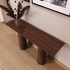 Brown wood sideboard in the hall with paintings on the wall. 3d illustration. 