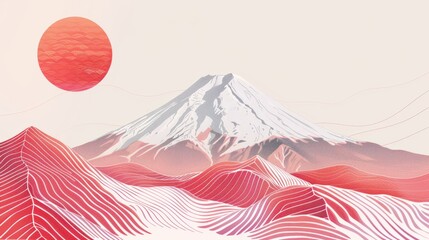 Japanese mountain background set, wavy line style. Modern collection design elements, frames, labels, invitations, social media, packaging, luxury products, perfume, wine etc.