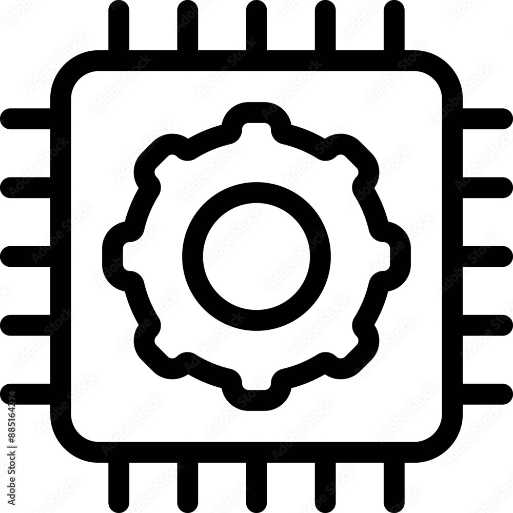 Poster simple line icon of a computer chip with a gear in the center, representing processing power