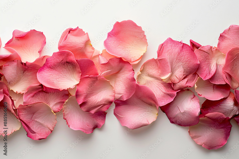Poster pink rose petals on white background with copy space for text, flat lay top view pattern frame borde