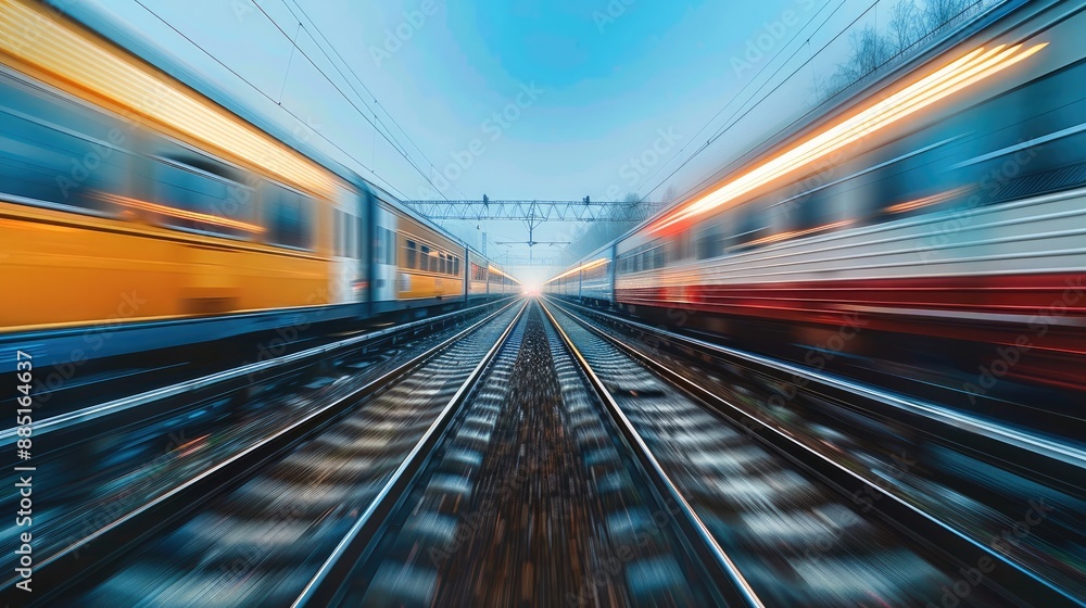 Poster two fast-moving trains coming from the left and right, their outlines slightly blurred by speed. rai