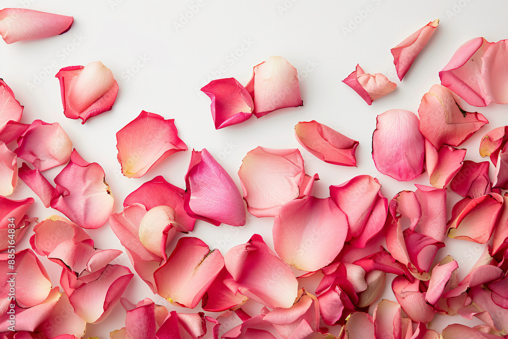Poster pink rose petals on white background with copy space for text, flat lay top view pattern frame borde