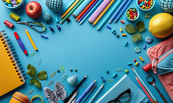 flat lay school stationery,accessories on blue background back to school banner