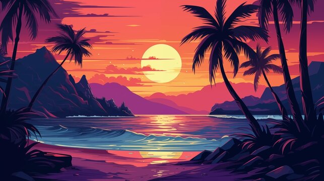 Fototapeta Synthwave sunset on tropical beach 2D illustration. Silhouetted palm trees, mountains and calm ocean waters flat cartoon image colorful scene. Retrowave coastal landscape wallpaper art