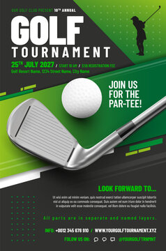 Golf tournament poster template with ball and metal club
