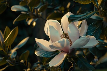 A close-up of a magnolia flower in full bloom, set against the dark green leaves of a well-tended...