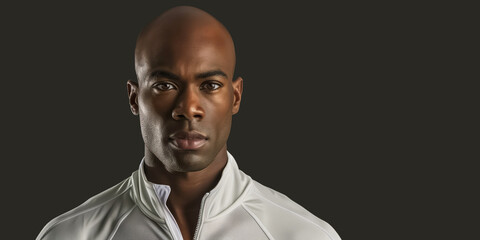 Obraz premium In the image, a bald man in a white jacket exudes confidence and strength with a powerful gaze against a dark background, showing determination