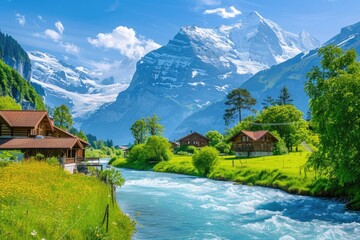 Majestic Mountain Landscape with River and Houses