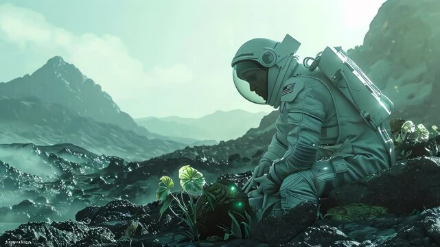 Astronaut examining alien plant life on rocky terrain with mountains in the background