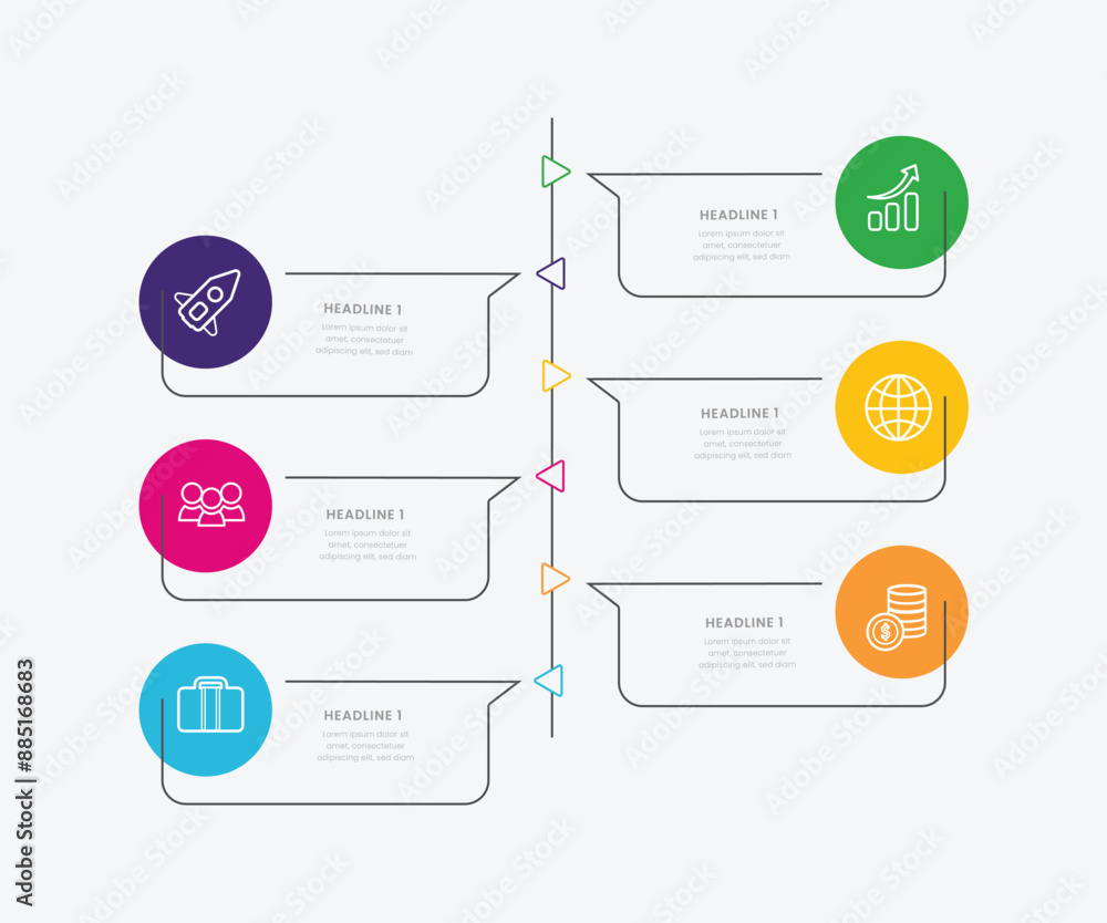 Poster vector infographic template with six steps or options. illustration presentation with line elements 