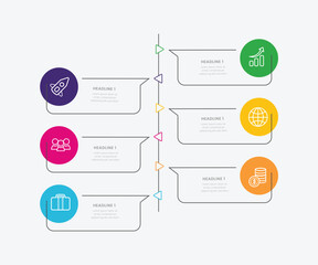 Vector infographic template with six steps or options. Illustration presentation with line elements icons.  Business concept design can be used for web, brochure, diagram