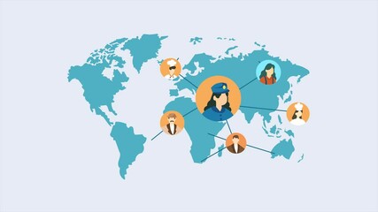 Animated Illustration of connected diverse people avatars forming a vibrant networking web on a world map. Social connections, online communities, and professional networking. Cartoon in 4k. - Powered by Adobe