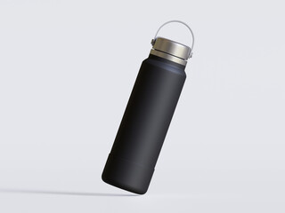 Black reusable water bottle realistic render on gray background