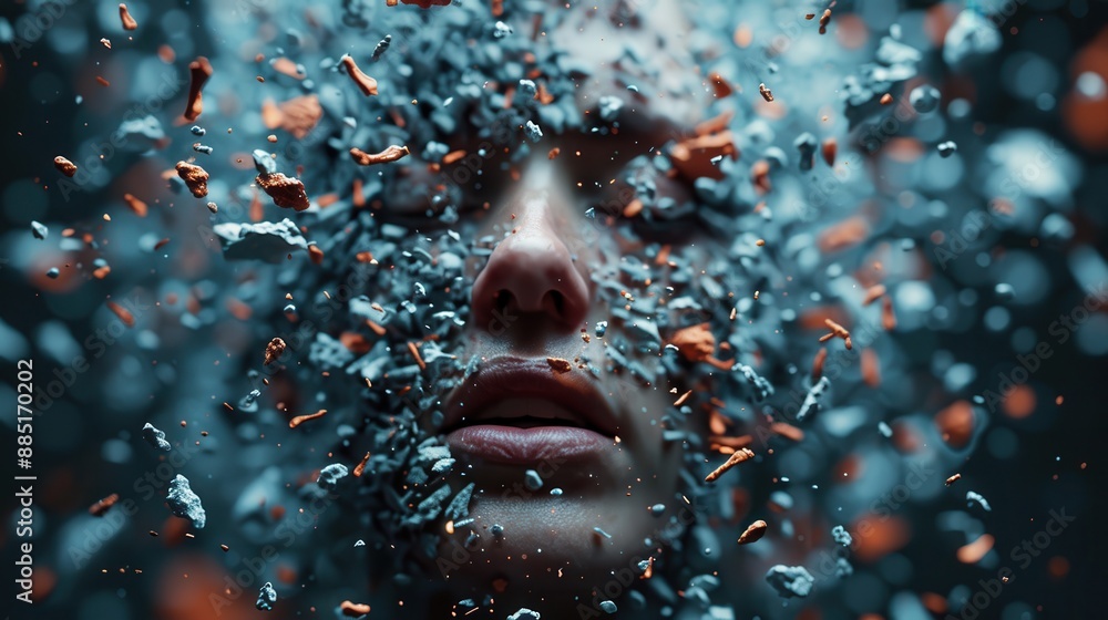 Poster a visually striking abstract image of a human face breaking through pieces floating in the air, crea