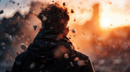 A person standing with their back towards the camera, facing a dramatic scene of destruction and debris, symbolizing resilience and the human spirit's capacity to overcome.