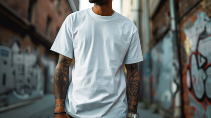 white tshirt mockup, the model is stylish man with arm tatoo, standing wearing white oversized t shirt style, oversize tshirt mock up, front view, no face
