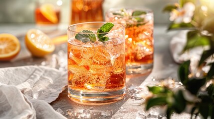 A refreshing orange drink served in a glass with ice cubes and garnished with fresh mint leaves. Lemon slices and flowers add a summery, bright touch to the background.