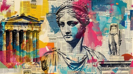 vibrant pop art collage depicting ancient Greek architecture and classical antique statues intertwined with colorful newspaper fragments. Tourist postcard, with historical details with modern art. © Elena