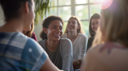 Happy young woman laughing and smiling with friends in a group therapy meeting setting in a support circle or possibly students in a study group workshop