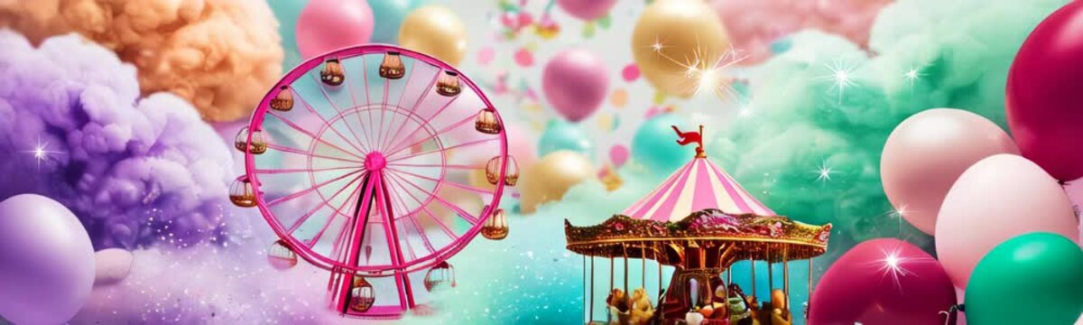 Easter greeting card web banner. Decorated Easter eggs against carnival scene with ferris wheel and colorful carousel background. Spring holiday copy space background