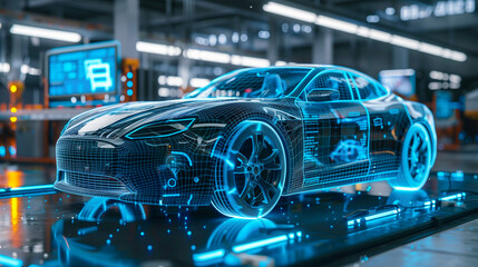 Car model design with holographic digital, engineer develop innovative modern electric.