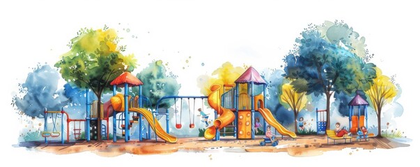 Cheerful playground scene with swings, slides, and happy children, suitable for kids projects, isolated on white background, with room for copy space