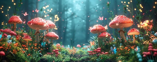 Enchanting fairy forest with glowing mushrooms and fairies, perfect for childrens storybooks, isolated on white background, copy space included