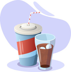Paper cup with straw and glass with ice cubes containing soda is refreshing on hot summer day