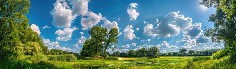 Summer Landscape with Lush Green Foliage and a Bright Blue Sky