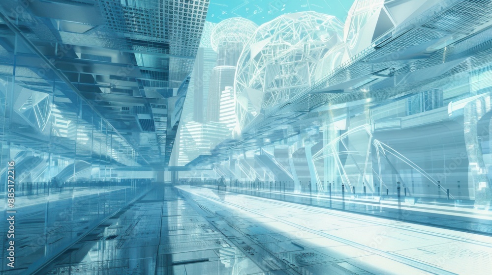 Poster Digital Holographic Blueprint of Modern Futuristic Building in Blue and White Color Scheme - 3D Render Technology for High-Tech Architecture Design Concept