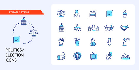 Politics. Political activity. Elections. Editable linear icons. A vector image. Political icons.