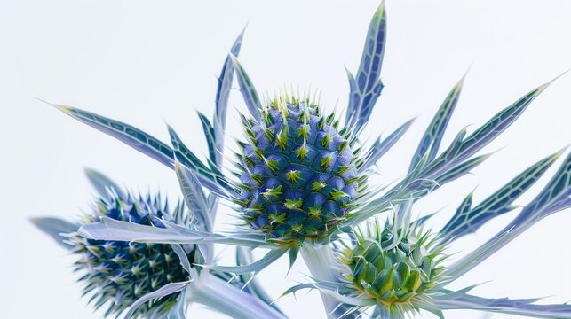 Eryngium planum or blue sea holly growing on a white background is showing its beautiful blue and green colors