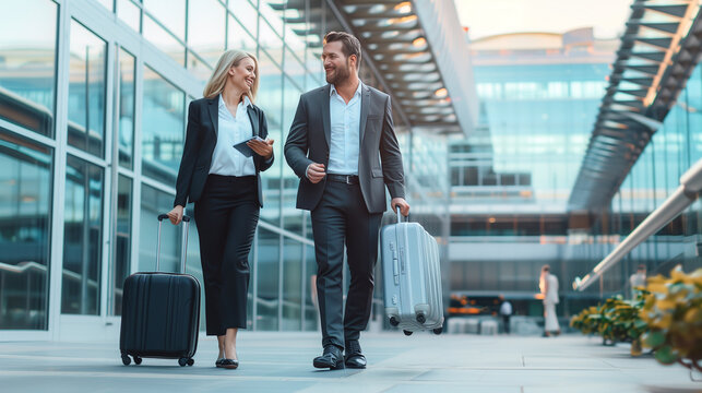 Businessman and businesswoman hold luggage travel to business trip at airport. - Powered by Adobe