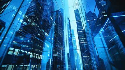 Double exposure of modern skyscrapers in business district