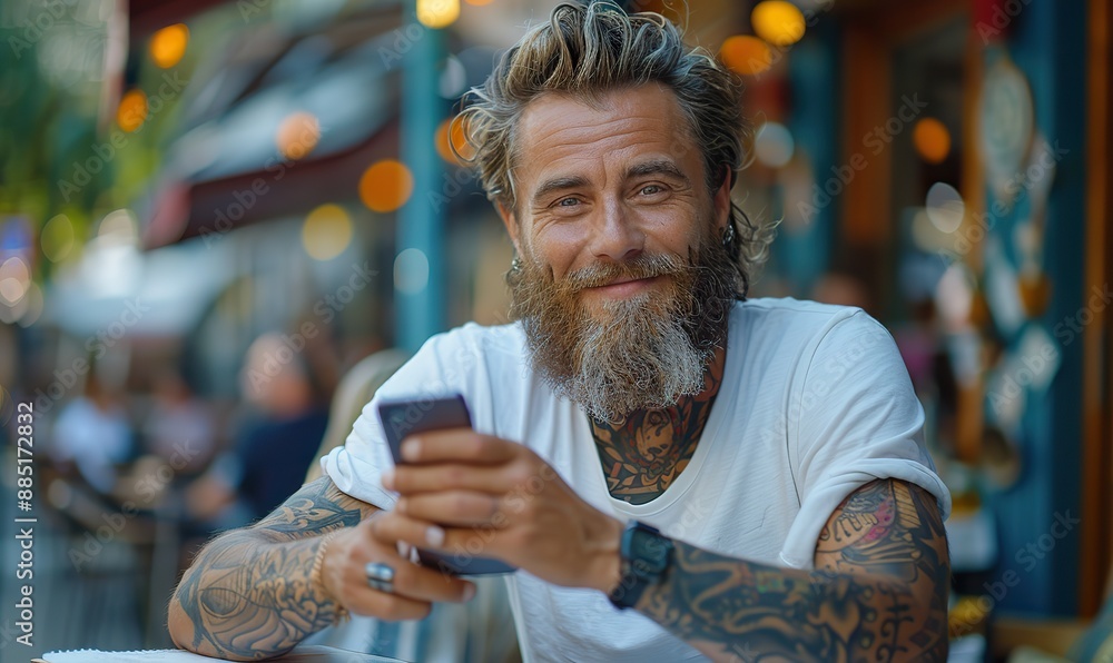 Wall mural handsome bearded guy,tattooed hands dressed white shirt using smartphone,notebook computer in outdoors coffee shop male holding cell phone,typing text on laptop keyboard