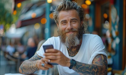 handsome bearded guy,tattooed hands dressed white shirt using smartphone,notebook computer in outdoors coffee shop male holding cell phone,typing text on laptop keyboard