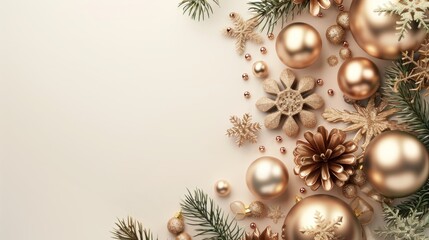 Merry Christmas and New Year. Christmas design. Fir branches, shiny gold balls, confetti and baubles. Christmas background. Festive composition